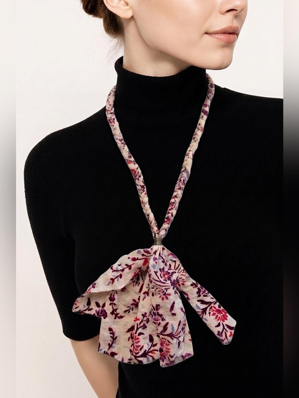 NWT Floral Pink Braided Fabric Tassel Necklace